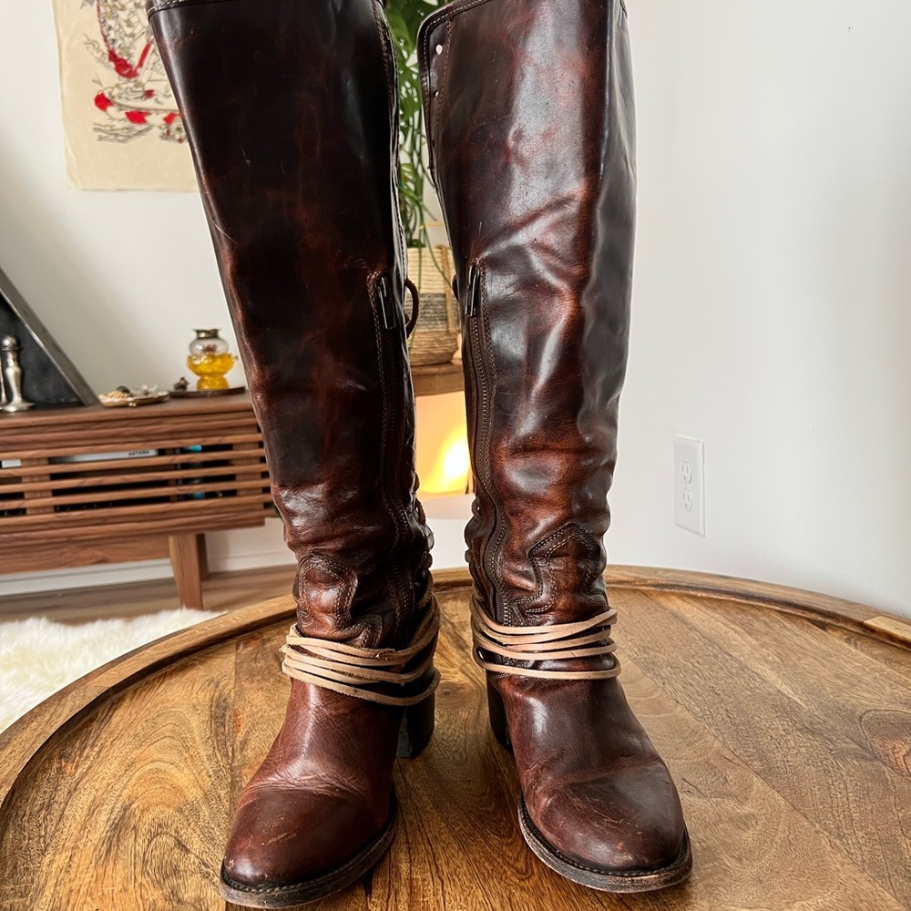 Freebird Coal Lace-Up Tall Leather Boots in Chestnut Brown/Cognac - Picture 9 of 12